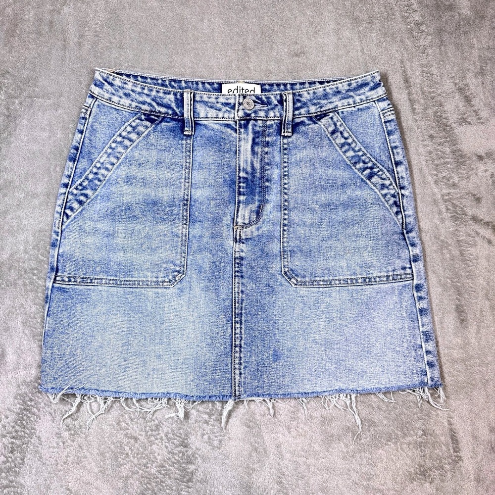 Edited by Remi Bader Denim Mini Skirt‎ Womens 8 Light Wash Stretch Raw Hem Retro